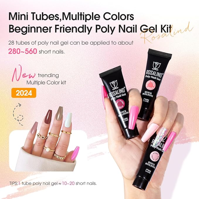 ROSALIND Poly Nail Gel Kit for Beginners - 28 Colors Extension Gel Set with UV/LED Nail Lamp, 72 Accessories (Base/Top Coat, Nail Forms, Tools), Long Lasting Salon Kit for DIY Manicure-VivaGrace Women
