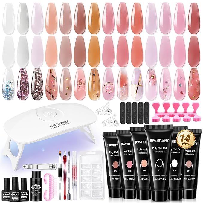 JEWHITENY 14 PCS Poly Nail Gel Kit Poly Extension Gel Kit Starter Kit With Slip Solution Professional Extension Set With LED Lamp Nail Art Design Beginner All In One-VivaGrace Women