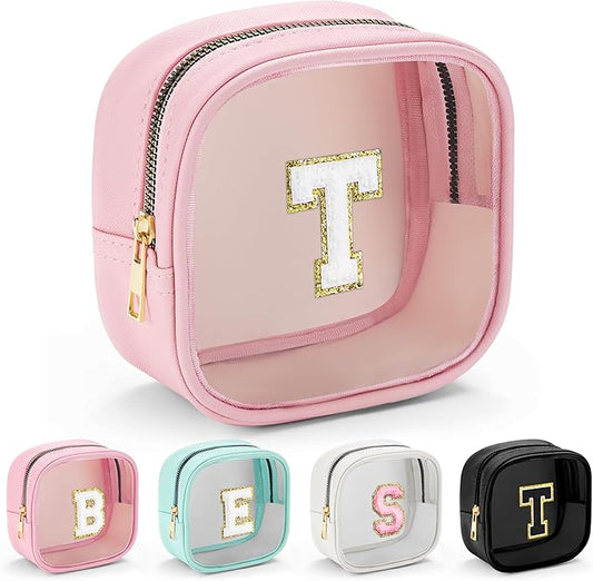 YOOLIFE Mini Birthday Gifts for Women - Personalized Cute Pink Initial Clear Makeup Bag Make Up Bag Travel Bag for Mothers Day Gifts Teacher Sister Friend Female Girlfriend Wife Teen Gifts Party Bag T-VivaGrace Women
