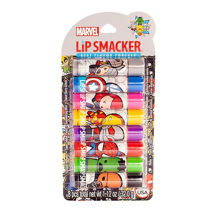 Lip Smacker Marvel Avenger Flavored Lip Balm Party Pack 8 Count, Super Hero, Spirderman, Iron Man, Captain America, Clear, For Kids-VivaGrace Women
