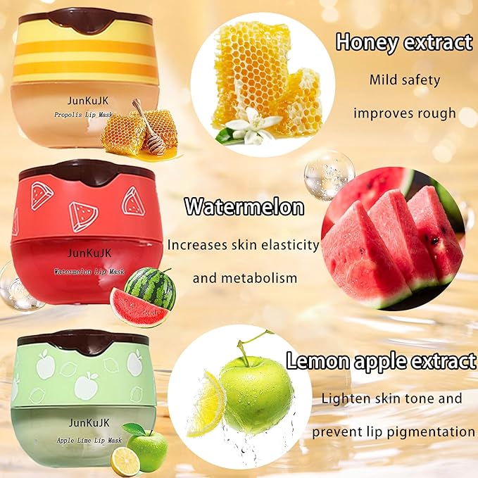 3 Pcs Bee Lip Balm Honey Pot with Stick,Moisturizing Lip Mask Overnight,Day and Night Tinted Sleeping Lip Balm,Hydrating Lip Scrubs Exfoliator & Moisturizer-VivaGrace Women