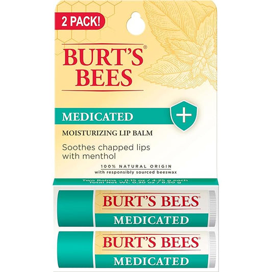 Burt's Bees Medicated Lip Balm, With Eucalyptus Oil and Menthol, Tint-Free, Natural Origin Lip Care, 2 Tubes, 0.15 oz.-VivaGrace Women