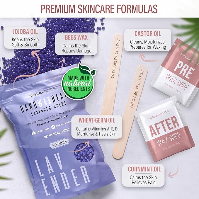 Tress Wellness Waxing Kit for Sensitive Skin – Safe for Face & Skin, Prep & Aftercare Spray, Easy to Use – At-Home Kit for Face, Bikini, Brazilian & Full Body - Pink, No Display-VivaGrace Women