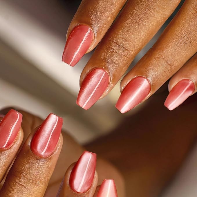 Press on Nails Coffin - Salmon Red Cat Eye Fake Nails Medium Acrylic Full Cover Glue on Nails in 12 Sizes - 24 Piece Nail Kit，Natural Fit for Women & Girls Daily Wear