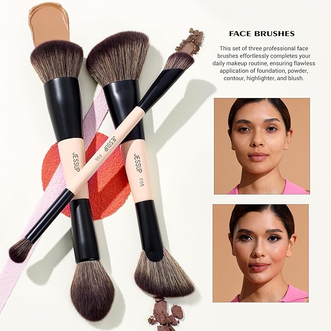 Jessup Makeup Brushes Set 7pcs Double Sided Makeup Brushes for Foundation Concealer Blush Eyeshadow Contour Bronzer Powder Blending Eyebrow Eyeliner, Cruelty-Free Make up Brushes Peach Dust T600-VivaGrace Women