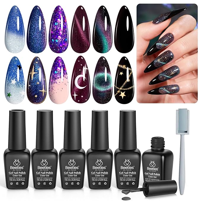 Beetles Cat Eye Gel Polish - Milky Way 6 Colors Gel Polish Set, Black Purple Blue Temperature Changing Glitter Nails, Halloween Galaxy Nails Kit with Magnet Stick Soak Off Uv Lamp Gel-VivaGrace Women