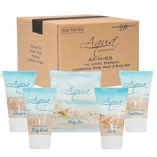 Aqua Organics Hotel Soaps and Toiletries Bulk Set | 1oz Hotel Shampoo & Conditioner, Body Wash, Body Lotion & 1oz Bar Soap Travel Size | 300 Pieces-VivaGrace Women