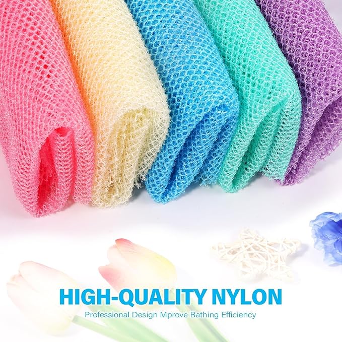 UJFQBH 5 Pieces African Bath Sponge African Net Long Net Bath Sponge Exfoliating Shower Body Scrubber Back Scrubber Skin Smoother,Great for Daily Use (Purple, Pink, Green, Blue, White)-VivaGrace Women