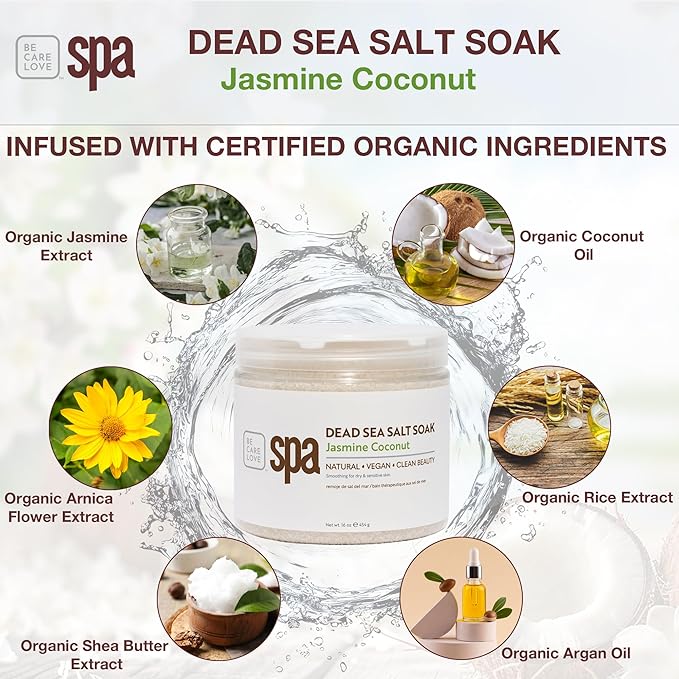 BCL SPA Dead Sea Salt Soak - Bath Salt with Organic Jasmine + Coconut, Shae Butter, Arnica, Aloe Vera Juice, Chamomile, Argan Oil & Jojoba Oil Skin Exfoliator - Home/Professional Use 16 fl oz-VivaGrace Women