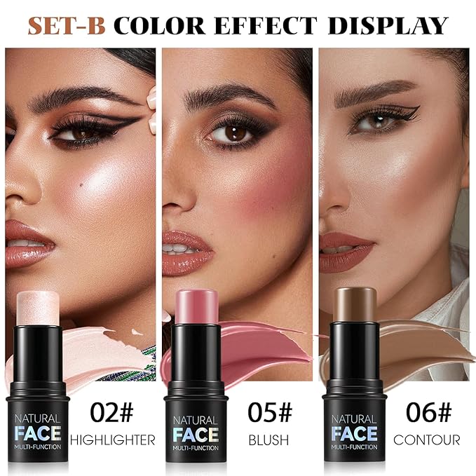 3Pcs Cream Contour Stick Makeup Kit - Cream Blush Stick Highlighter Stick Contour Bronzer Stick for Cheeks, Waterproof Long Lasting Blendable, Contour Stick Trio for Face Makeup (#02, 05, 06)-VivaGrace Women