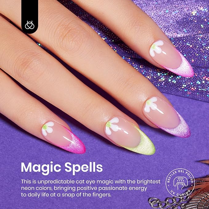 Beetles Cat Eye Gel Nail Polish Set, 6 Colors Summer Neon Holographic Glitter Gel Polish Kit Hot Pink Orange Purple Blue Green Magnetic Nail Polish Soak Off UV French Nail Art Gift for Women-VivaGrace Women