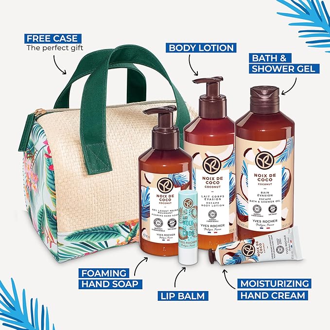 Yves Rocher Bain de Nature Coconut 6-Piece Gift Set, Shower Gel, Hand Cream, Body Lotion, Lip Balm, Hand Soap & Vanity Bag, 6 Items-VivaGrace Women