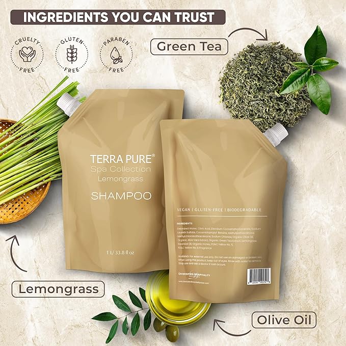 Terra Pure Spa Collection 1 Liter Shampoo Refill Bag For Soap Dispensers | Bulk Toiletries for Vacation Rentals, and Home Bathroom Showers | Green Tea Lemongrass | Single-VivaGrace Women