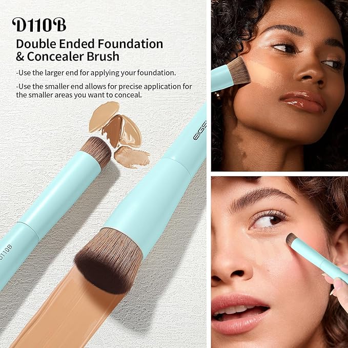 EIGSHOW Makeup Brush Set, 3Pcs Dual Ended Face Makeup Brushes for Foundation Powder Contour Highlight Concealer Nose Shadow, Travel Gift Set (Cyan)-VivaGrace Women