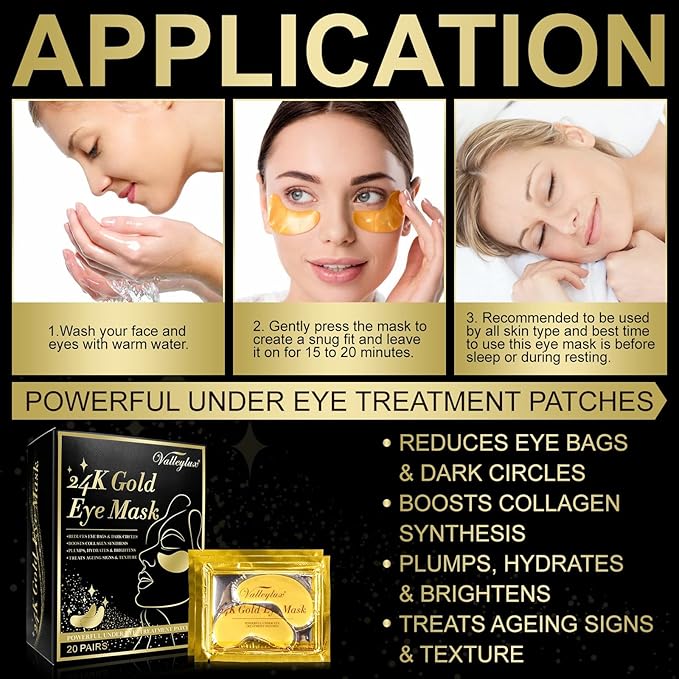 Under Eye Mask,20 pairs 24K Collagen Eye Pads,Under Eye Patches Skincare for Anti Aging,Anti Wrinkle,Reducing Eye Puffiness,Dark Circles-VivaGrace Women
