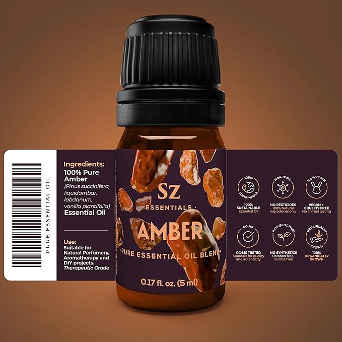 Amber 100% Pure, Essential Undiluted Oil - Extracted from Amber Resin - Rich & Floral Scent, with Smoky Overtones - Therapeutic Grade & Vegan - 0.17oz (5ml)-VivaGrace Women