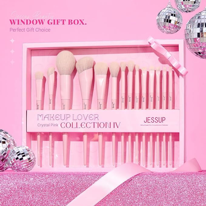 Jessup Pink Makeup Brushes Set 14Pcs Make up Brushes Premium Vegan Foundation Concealer Blush Eyeshadow Eyeliner Powder Highlighter Blending Face Brush Set with Gift Box, T495-G-VivaGrace Women