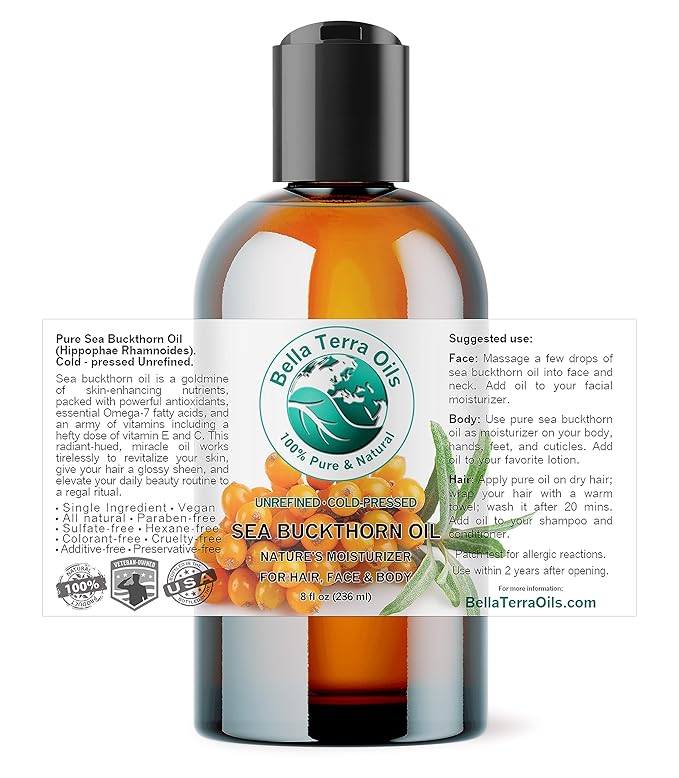 Bella Terra Oils - Sea Buckthorn Oil 8 oz - The Ultimate Elixir from Nature's Bounty, Rich in Flavonoids & Essential Fatty Acids, Gilded Luxe for Your Face-VivaGrace Women