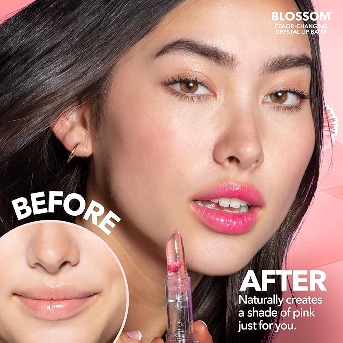 Blossom Moisturizing Custom Color Changing 2 pack, Strawberry Scented Crystal Lip Balm (Red), Shimmer Sparkle Lip Stain Tint (Blush), Infused with Real Flowers, 6g, Red/Blush-VivaGrace Women