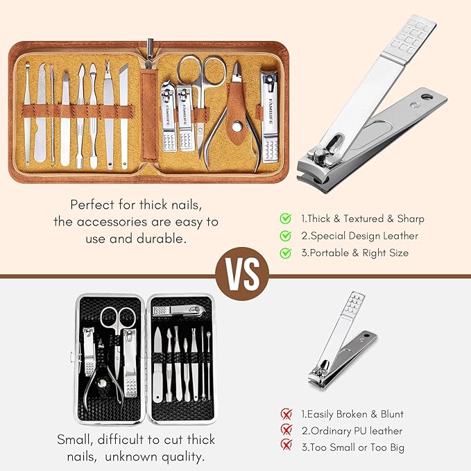 FAMILIFE Manicure Set, Nail Professional Kit Manicure Kits Nail Clipper Sets, 13PCS Stainless Steel Pedicure Sets Mens Grooming Tool, with Brown Leather Travel Case for Men-VivaGrace Women