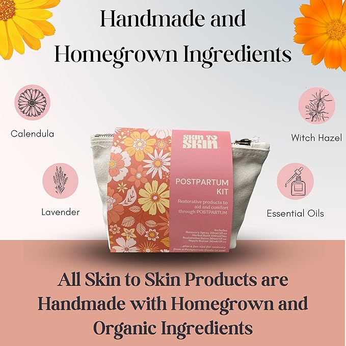 Skin to Skin Postpartum Kit-4 Piece Set in Cosmetic Bag - Postpartum Recovery - Includes: Herbal Bath, Recovery Spray, Restorative Salve, and Nipple Butter - Postpartum Care Kit - After Birth Care Kit-VivaGrace Women