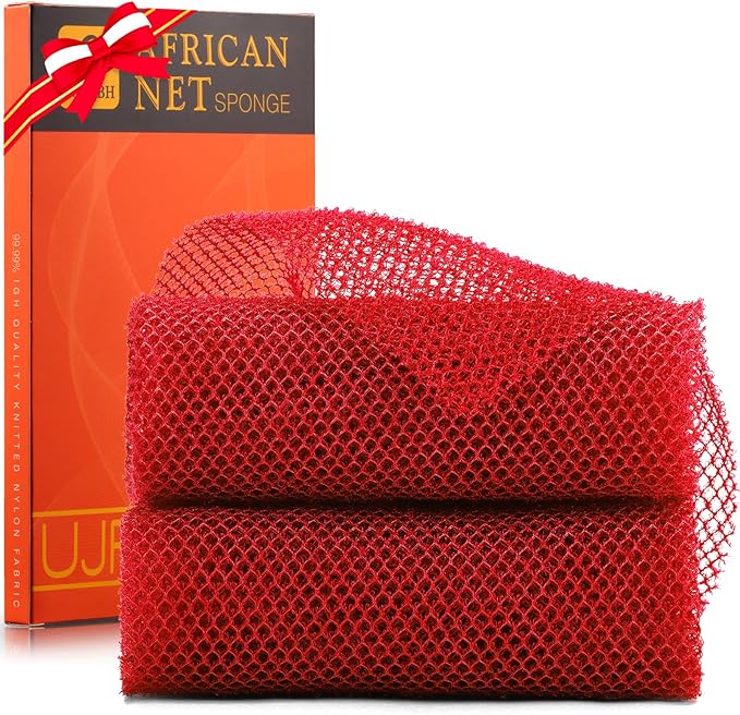 UJFQBH 2 Pieces African Bath Sponge African Net Long Net Bath Sponge Exfoliating Shower Body Scrubber Back Scrubber Skin Smoother,Great for Daily Use (Red)-VivaGrace Women
