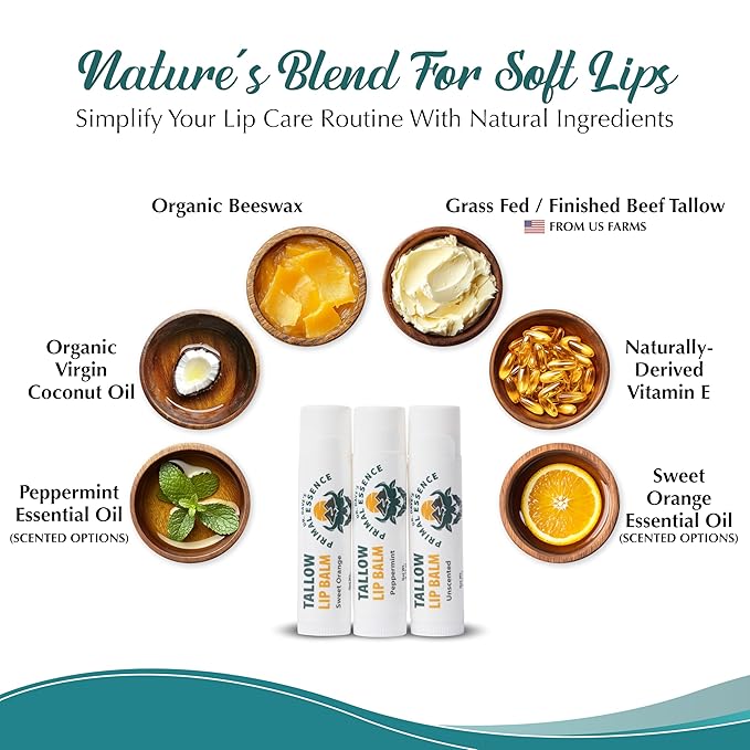 Moisturizing Tallow Lip Balm – Grass-Fed Beef Tallow with Organic Coconut Oil, Beeswax, and Vitamin E – Lip Balm Set – Variety Pack – Travel Essential – 3-Pack-VivaGrace Women