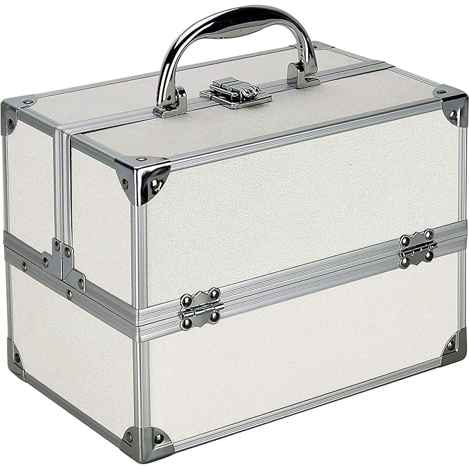 55pcs Makeup Gift Set Kit Train Case With Extendable Trays (eyeshadow, Blushes, Lipstick & More) - Vmk1304, White Glitter-VivaGrace Women