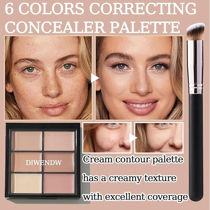 6 Colors Correcting Concealer Palette,Colors Corrector Palette,Moisturizing Full Coverage Liquid Foundation Cream Contour Makeup Palette with Brush-VivaGrace Women