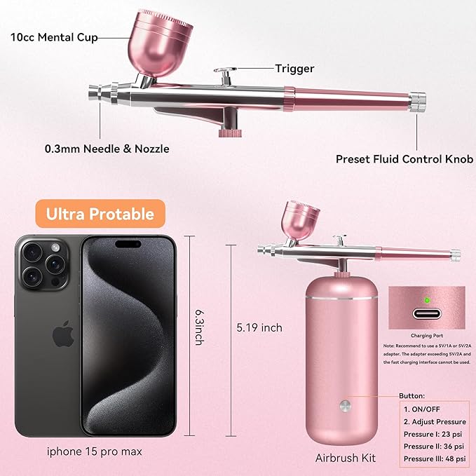 Airbrush Kit with Compressor - 48PSI High-Pressure, Non-Clogging Air Brush Set Cordless Rechargeable with 0.3mm Nozzle and Cleaning Brush for Nail Art, Makeup, Painting, and Cake Decorating-VivaGrace Women