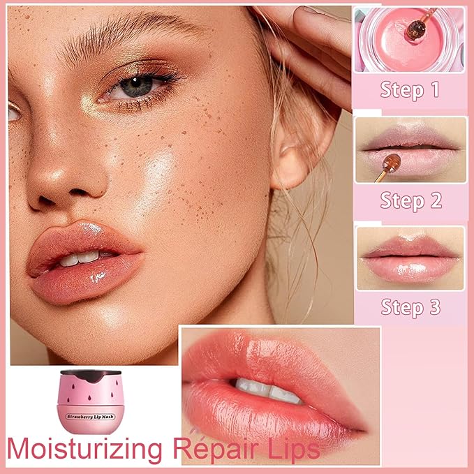 1 PCS Bee Lip Balm Honey Pot, Exfoliating Strawberry Bee Lip Balm Sleeping Lip Mask Overnight with Sticks, Honey Pot Lip Balm Prevention Dry Hydrating and Crack Lip Scrubs-VivaGrace Women