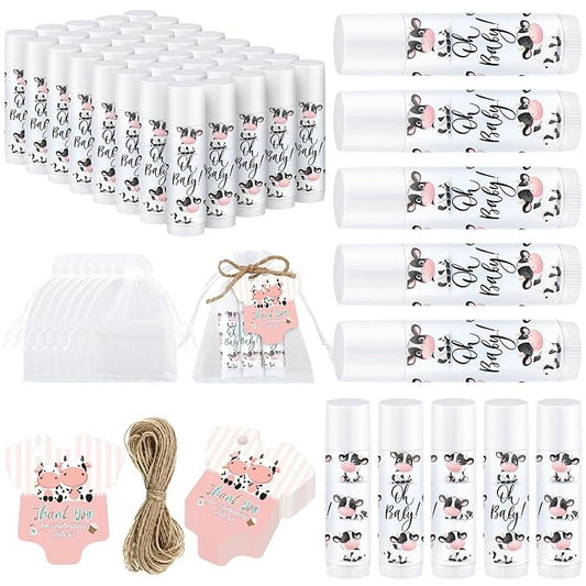 Demissle 50 Pcs Baby Shower Lip Balm Gift Set with 100 Pcs Organza Bags Baby Shower Party Favor for Guest Thank You Tag Rope Baby Shower Party Decoration Gender Reveal Souvenirs(Cow)-VivaGrace Women
