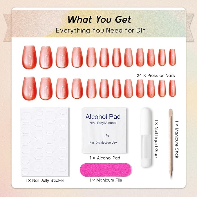 Press on Nails Coffin - Salmon Red Cat Eye Fake Nails Medium Acrylic Full Cover Glue on Nails in 12 Sizes - 24 Piece Nail Kit，Natural Fit for Women & Girls Daily Wear