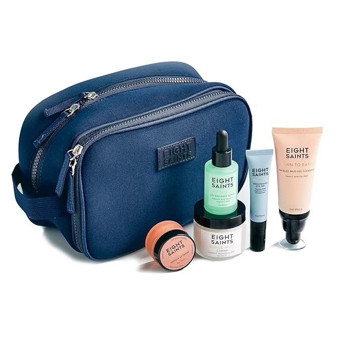 Eight Saints Date Night Skincare Prep Gift Set, All Natural & Organic, Gift Set Includes Eye Gel, Hyaluronic Acid Serm, Mud Face Cleanser, Vitamin C Cream, Lip Mask, and Neoprene Travel Bag, 6 Pc Set-VivaGrace Women