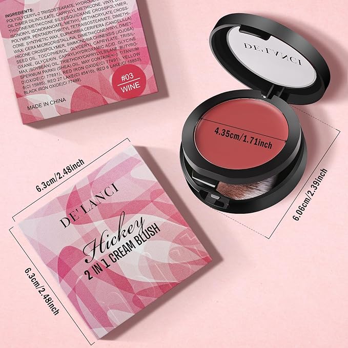 DE'LANCI Hydrating Cream Blush for Cheeks & Lips & Eyeshadow, Creamy & Long-lasting Waterproof Blush Balm, Lightweight Matte Blush for natural look, Travel Size, Highly Pigmented, Built-in Brush, Wine-VivaGrace Women