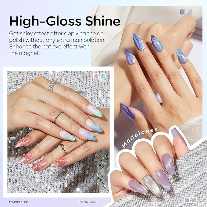modelones Cat Eye Gel Nail Polish 6 Colors Red Green Silver Purple Blue Glitter Cat Eye Gel Polish Holographic 9D Semi-transparent With Magnet Soak Off Led Nail Art DIY Salon Gifts For Women Girl-VivaGrace Women