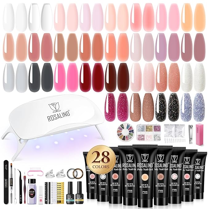 ROSALIND 28 Colors Poly Nail Gel Kit with Mini U V/LED Lamp White Nude Poly Nails Gel Kit Starter Kits With Slip Solution Pink Extensions Set for Nail Manicure Beginner-VivaGrace Women