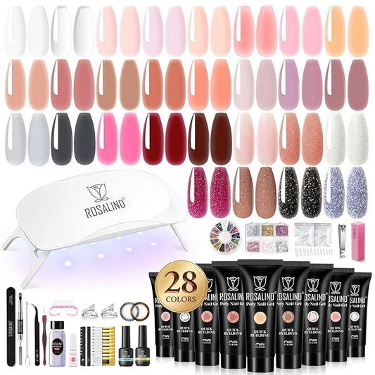 ROSALIND 28 Colors Poly Nail Gel Kit with Mini U V/LED Lamp White Nude Poly Nails Gel Kit Starter Kits With Slip Solution Pink Extensions Set for Nail Manicure Beginner-VivaGrace Women