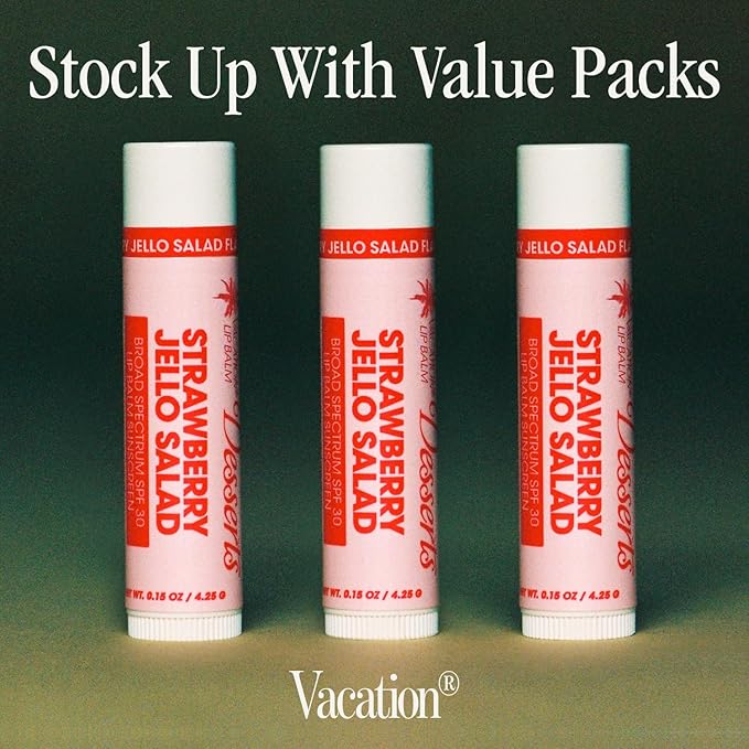 Vacation Strawberry Jello Salad SPF 30 Sunscreen Lip Balm 3-Pack, Lip Balm Made Without Beeswax, Lip Balm with Sunscreen, Lip Balm SPF Set, Lip Sunscreen, Water Resistant, Vegan (Pack of 3)-VivaGrace Women