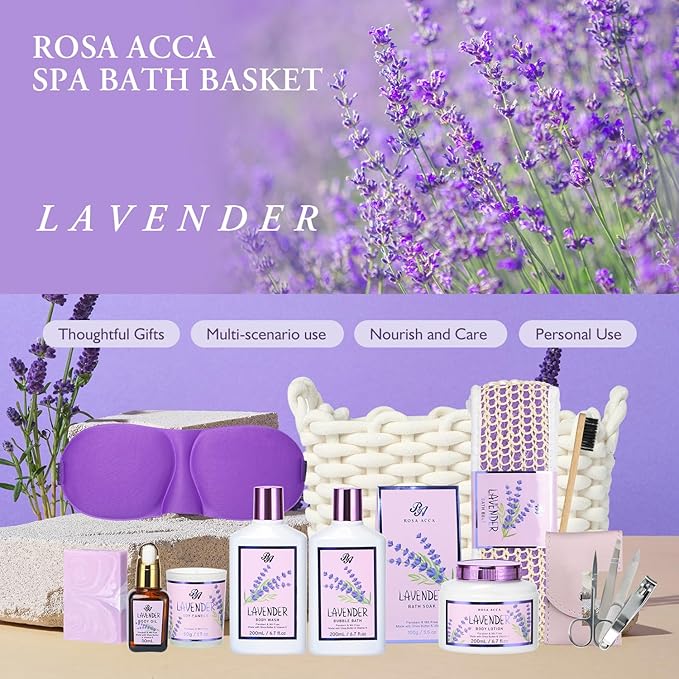 Bath and Body Gift For Women and Men - Lavender Home Spa Gift Set,Mug,Shower Gel,Bubble Bath,Lotion,Bath Bombs,Eye Mask,Manucure Set, Bath Belt, Body Oil,Bath Soak,Lip Balm,Soy Candle For Daily Use-VivaGrace Women