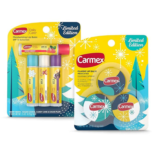 Carmex Lip Balm Limited Edition Holiday Packs: Carmex Daily Care Sticks, 4 count (1 pack), Carmex Medicated Jars, 3 Count (1 pack)-VivaGrace Women