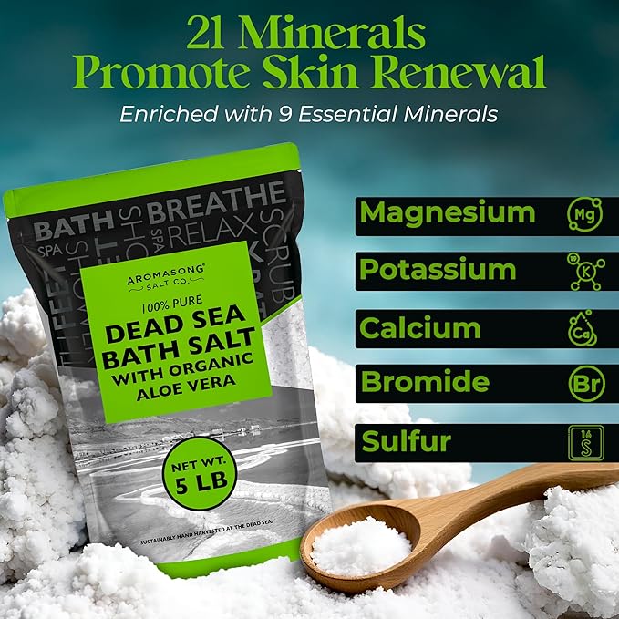 Aromasong Dead Sea Salt with Organic Aloe Vera, Spa Bath Salts, 5 Lbs Fine Bulk resealable Pack, 100% Pure & Natural, Soak for Women & Men for Tired Muscles & Skin Issues (Packaging May Vary)-VivaGrace Women