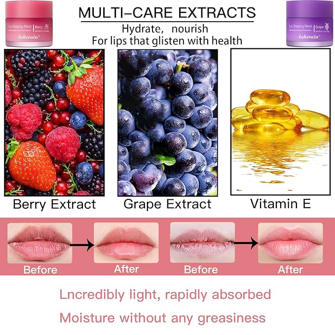 2PCS Lip Sleeping Mask, Lip Mask Overnight, Moisture & Lip Plumper Lip Wrinkles, Repair Lip Balm Prevention Dry and Cracked Lip Scrubs Exfoliato Smoothing Dry Lip Mask (Berry + Grape)-VivaGrace Women