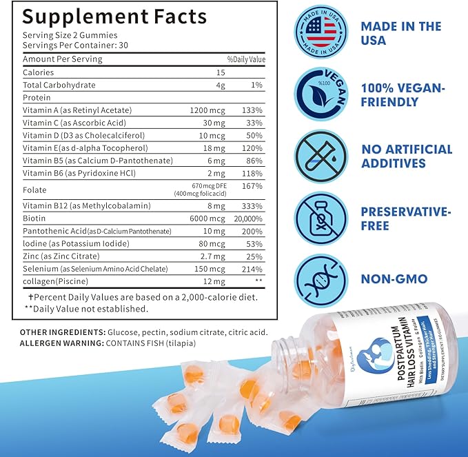 Postpartum Hair Loss Vitamin, Vegan Gummies with Biotin, Collagen, & Folate, Postpartum Hair Loss Products for Less Shedding, Thicker Hair, Stronger Hair, Breastfeeding-Friendly, 60 Gummies-VivaGrace Women