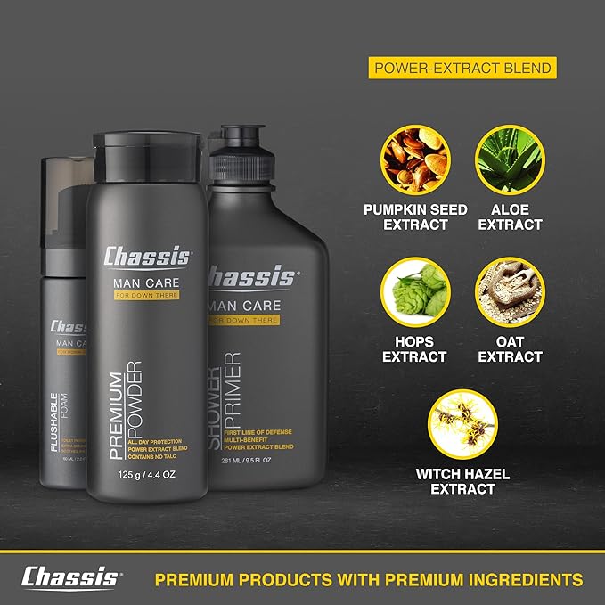 Chassis Gift Set with Flushable Foam, Premium Body Powder, and Shower Primer, Body Powder, Body Wash, and Flushable Wipe Alternative-VivaGrace Women