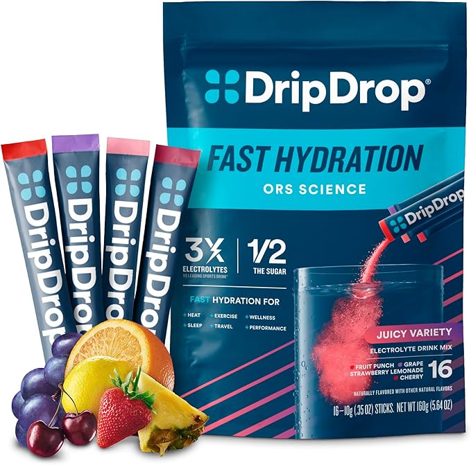 DripDrop Hydration Packets - Juicy Variety Pack - Single Serve Electrolytes Powder Drink Mix - Grape, Fruit Punch, Strawberry Lemonade, Cherry - Non-GMO, Gluten Free, Vegan - 16 Sticks-VivaGrace Women