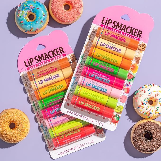 Lip Smacker Original & Best Holiday Flavored Lip Balm Party Pack, Oatmeal Cookie, Vanilla, Mango, Watermelon, Tropical Punch, Cotton Candy, Kiwi, Strawberry, Clear-VivaGrace Women