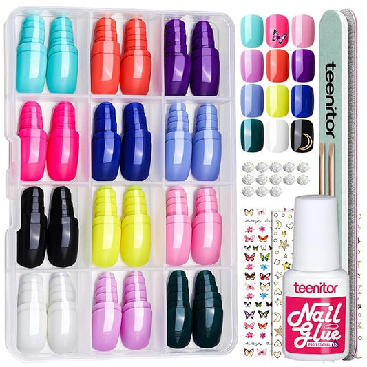 Teenitor Extra Short Press-On Nails Kit - 288pcs Short Fake Nails for Small Nail Beds, 12 Colors
