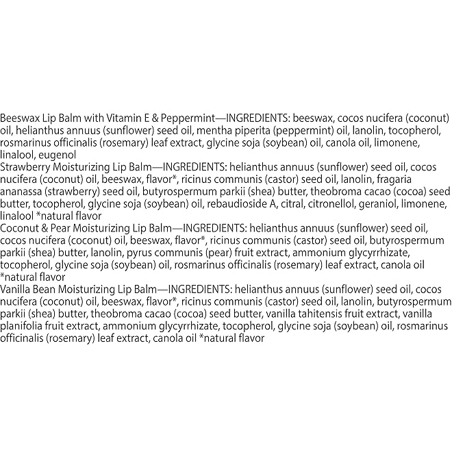 Burt's Bees Lip Balm - Beeswax, Strawberry, Coconut and Pear, and Vanilla Bean, With Responsibly Sourced Beeswax, Tint-Free, Natural Origin Lip Treatment, 4 Tubes, 0.15 oz.-VivaGrace Women