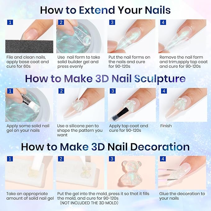 MIZHSE 2PCS Solid Builder Gel for Nails Kit: 30g/1oz Clear & Aurora Hard Gel for Nail with Nail Forms 3D Mold Soak off U V Builder Extension Gels for Women-VivaGrace Women